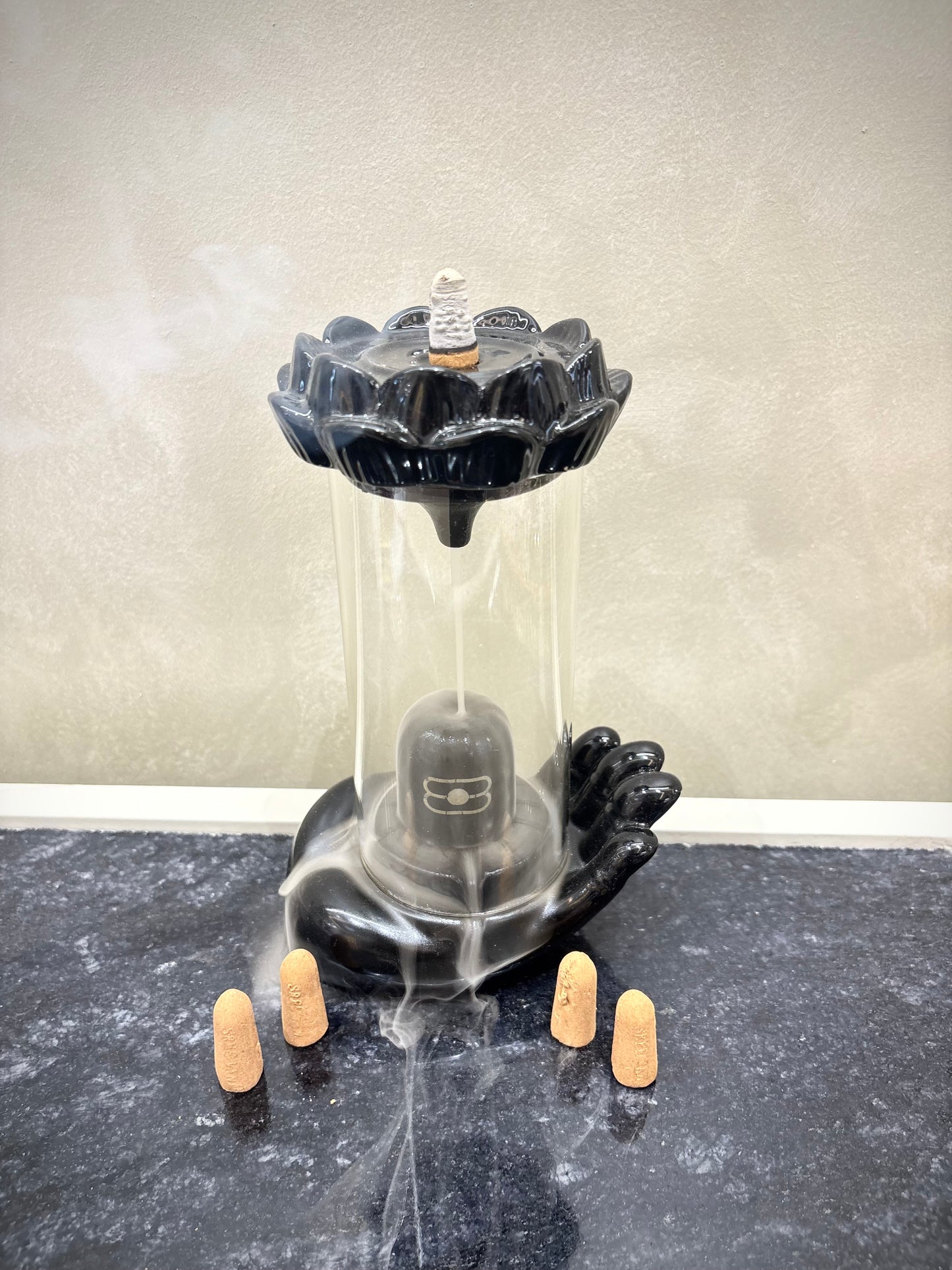 Ceramic Hand Shivling Design Backflow Smoke Fountain Incense Holder Showpiece with 10 Backflow Fragrance Cones