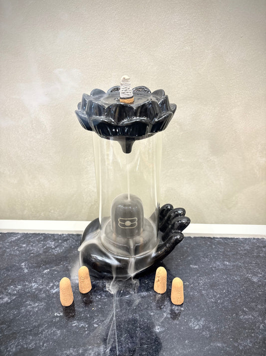 Ceramic Hand Shivling Design Backflow Smoke Fountain Incense Holder Showpiece with 10 Backflow Fragrance Cones