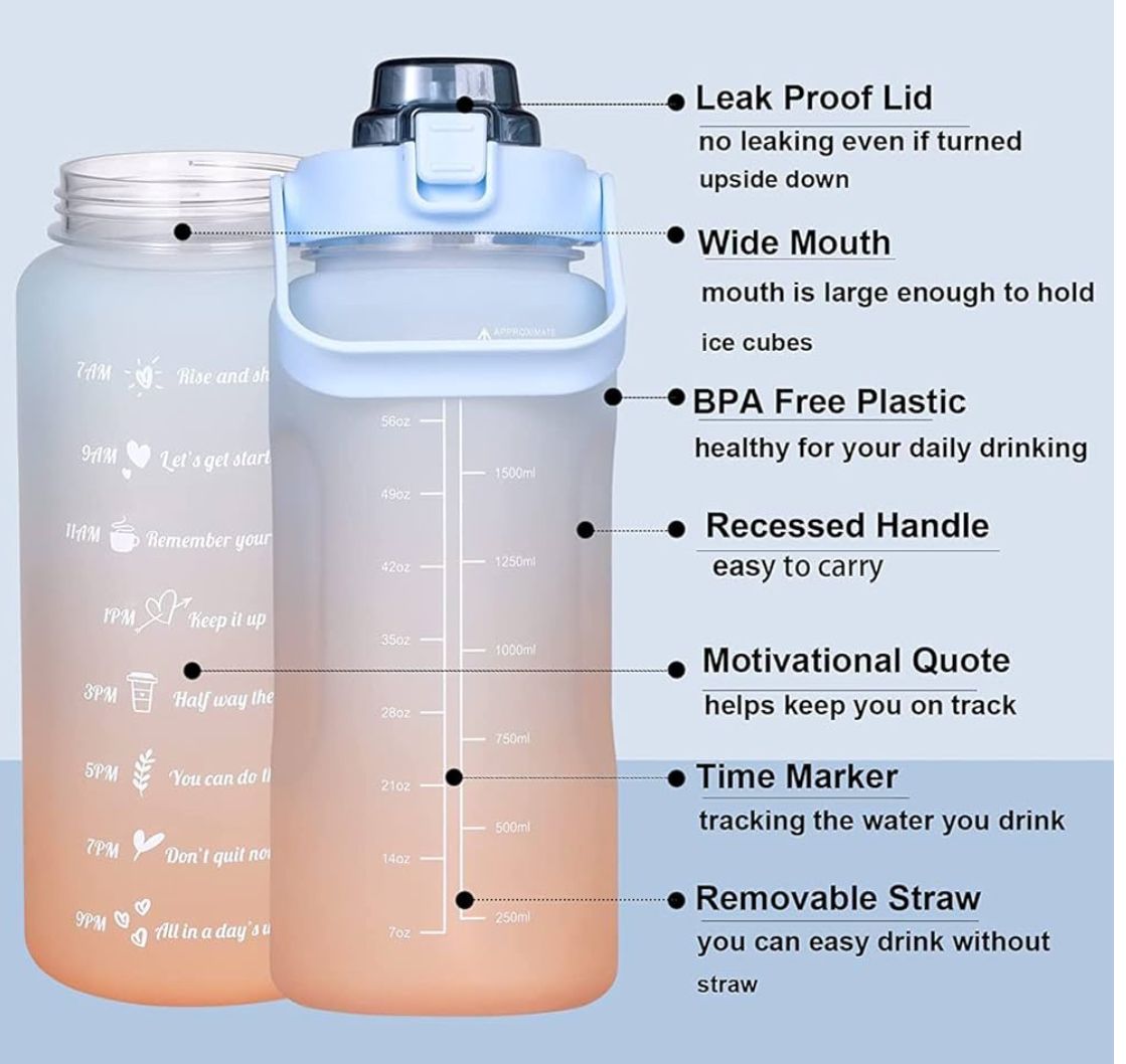 Luxe Set of 3 Motivational Water Bottle, Sipper Bottle for Adults with 2 litre, 700ml, 280ml Capacity, Airtight & Spill-Proof, Lavender & Blue, 100% Recyclable Plastic