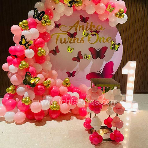 Butterfly Theme 1st Birthday Balloon Decoration with LED Number & Personalized Backdrop